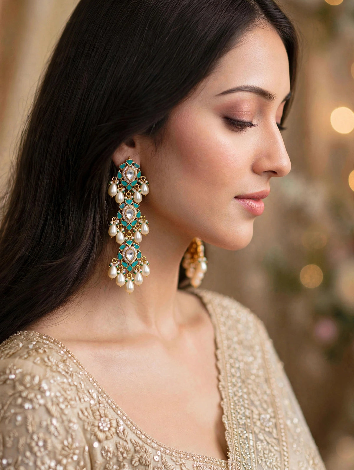 Kundan Pearl Drop Earrings, Gold Plated, Pink Stone , Handmade Indian Jewellery