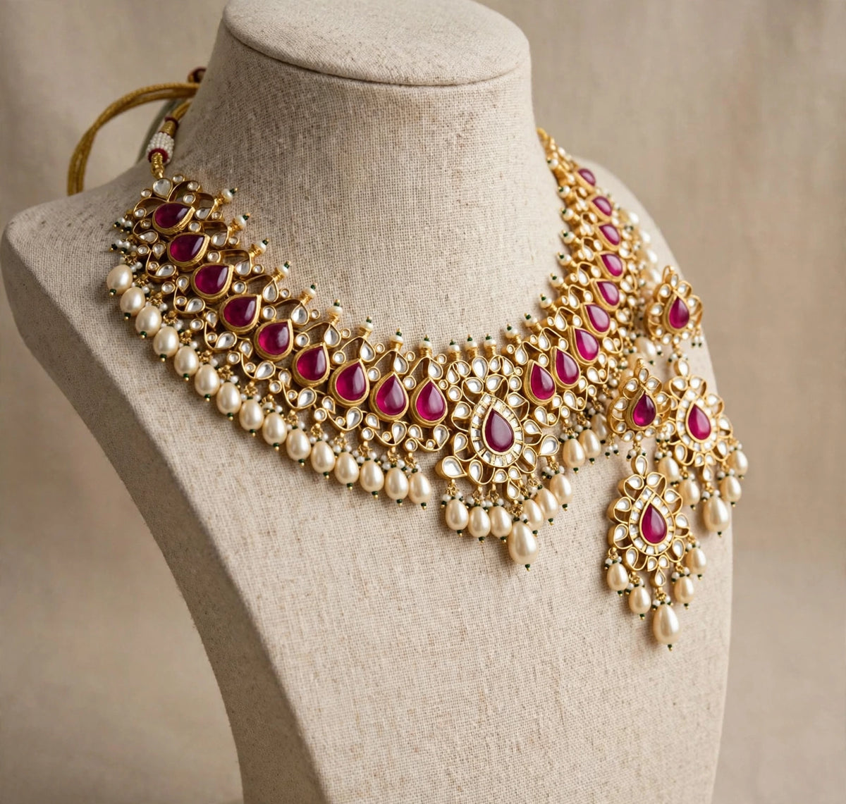 Handmade Kundan Choker Necklace Earrings Set, 22K Gold Plated Indian Bridal Jewelry