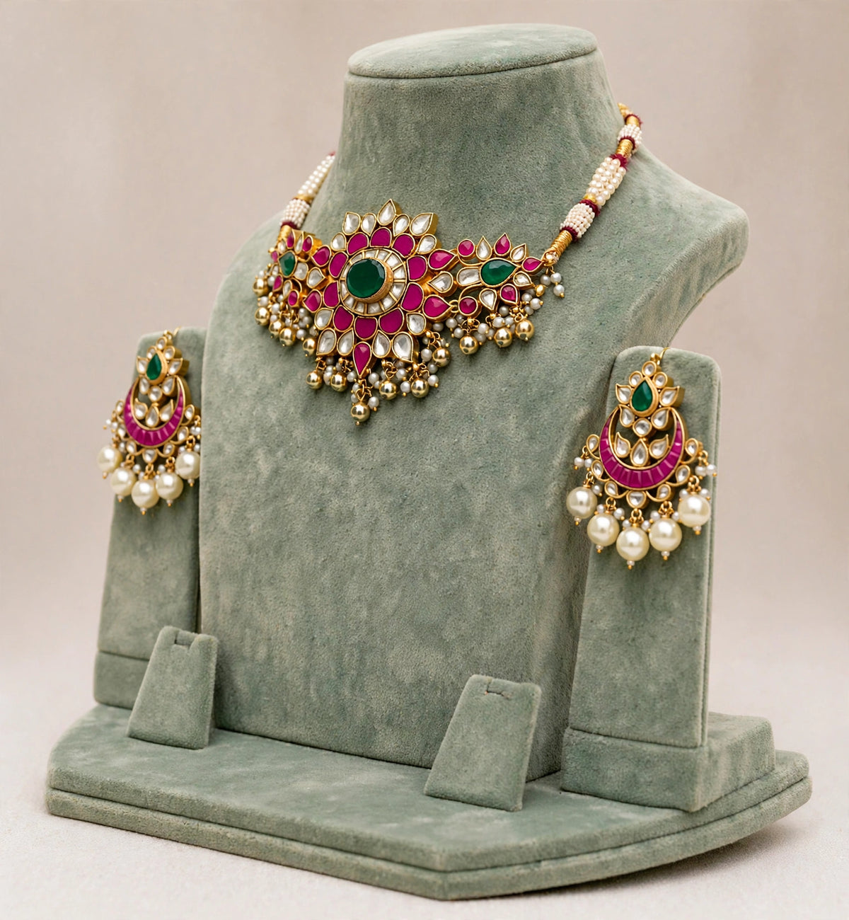 Handmade Kundan Choker Necklace Set, 22K Gold Plated, Bollywood Bridal Jewelry