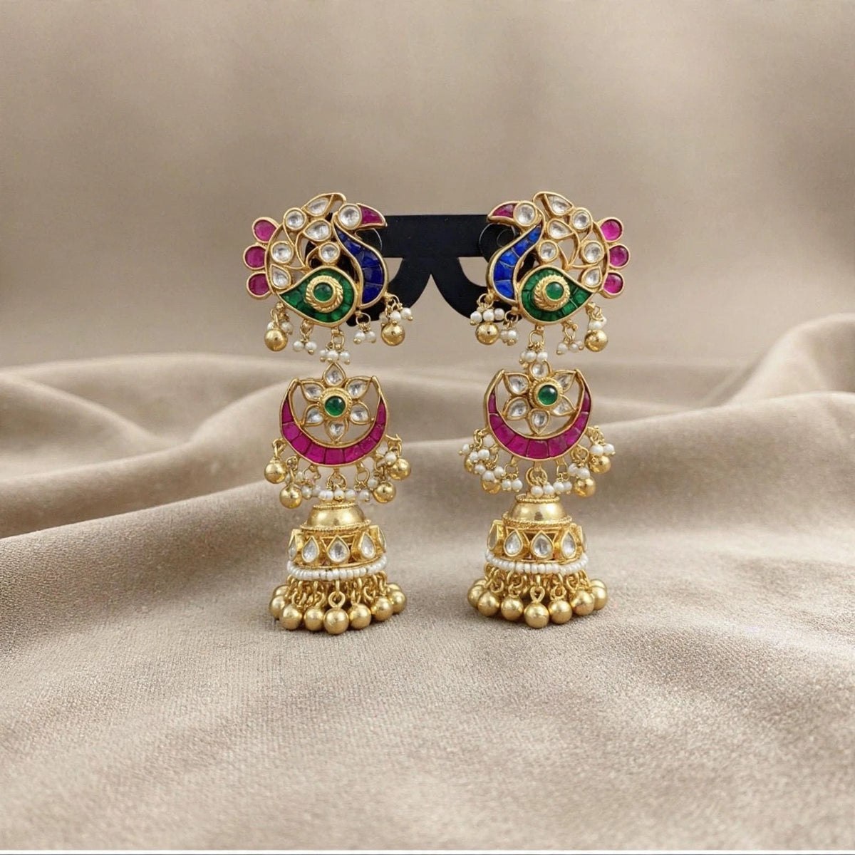 Kundan Earrings, Antique Gold Finish Jhumki, Indian Bridal Jewelry