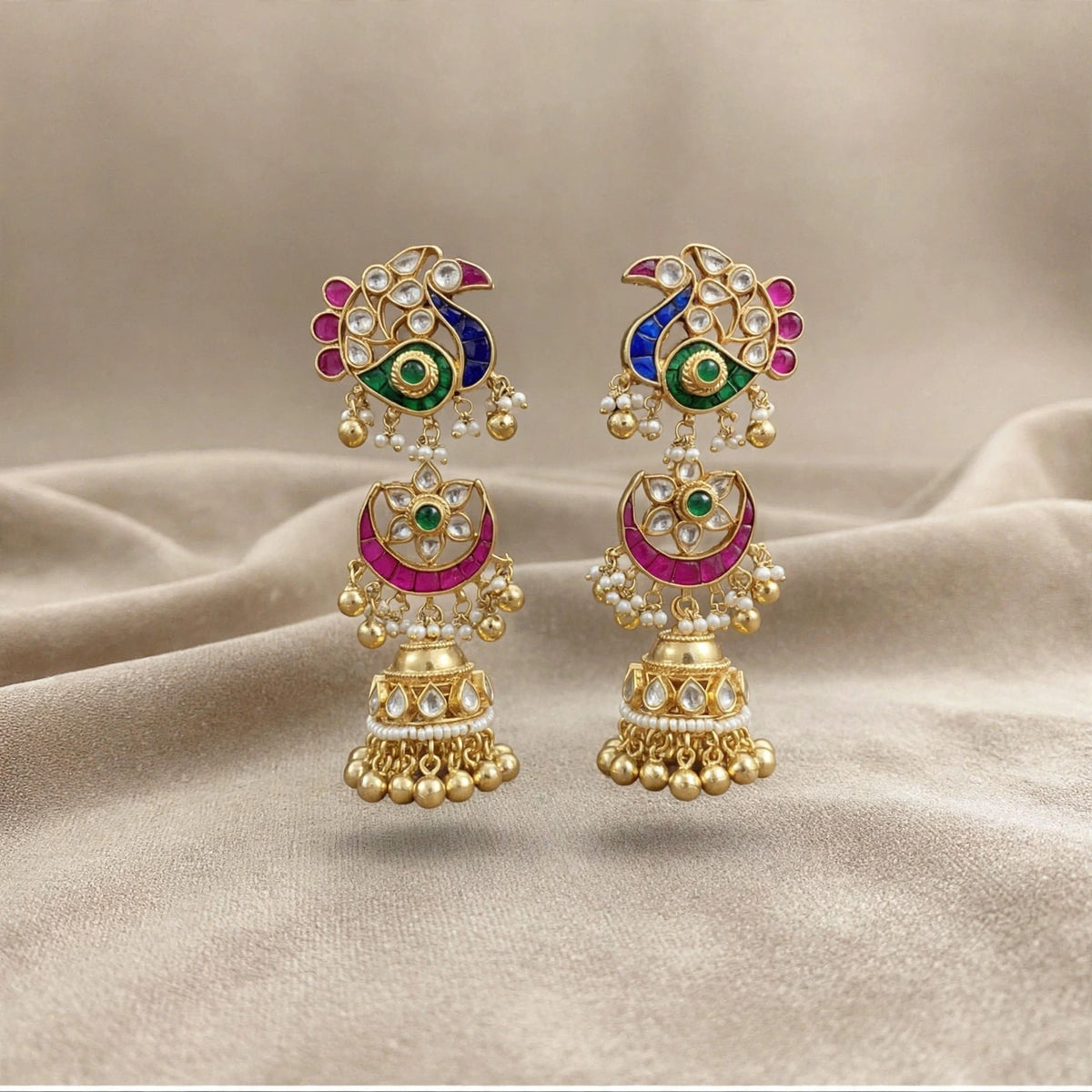 Kundan Earrings, Antique Gold Finish Jhumki, Indian Bridal Jewelry