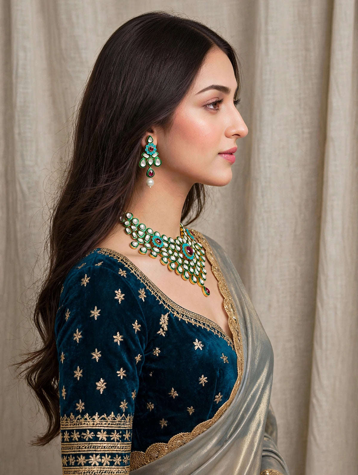 Kundan Choker Necklace with Earring | Indian Heirloom Bridal Jewellery Set | Green Enamel