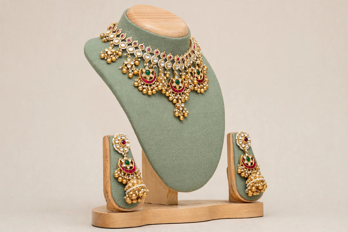 Kundan Choker Necklace Set | Indian Wedding Jewelry | Handmade Chandbali Earrings