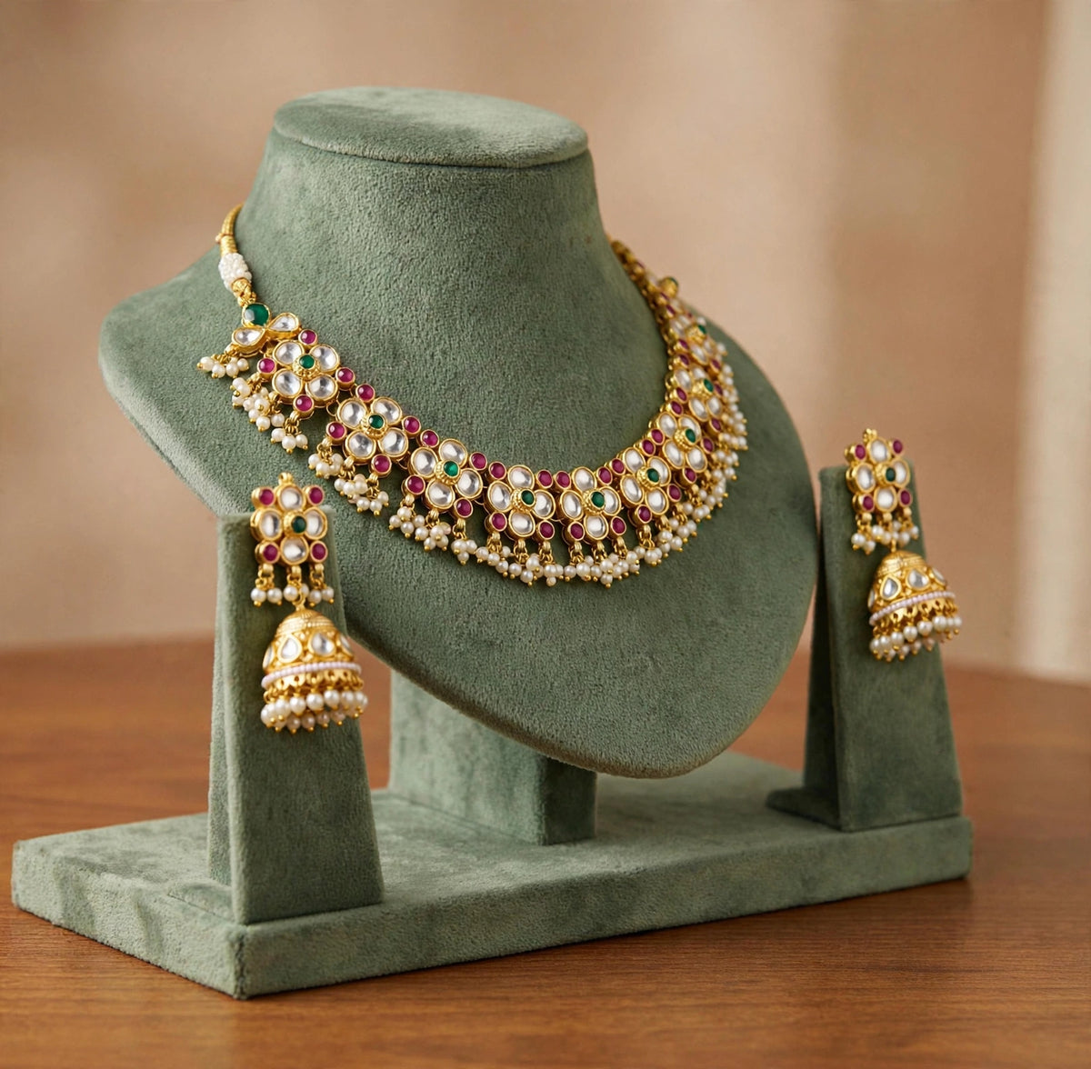 Handmade Kundan Choker Necklace with Earrings Set, Indian Bridal Jewelry