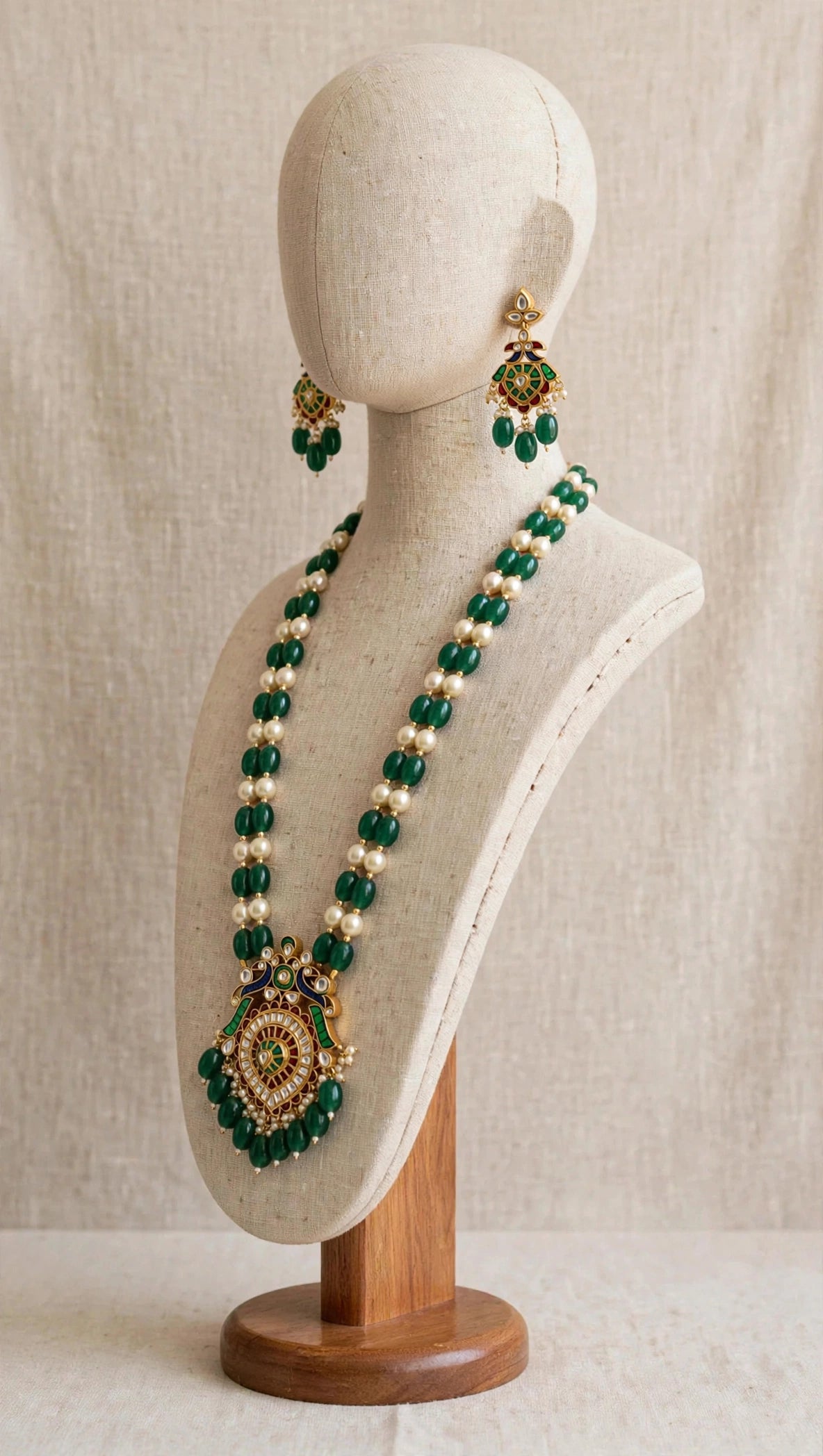Kundan Jewelry Set | Gold Plated Necklace, Emerald and Pearl Earrings