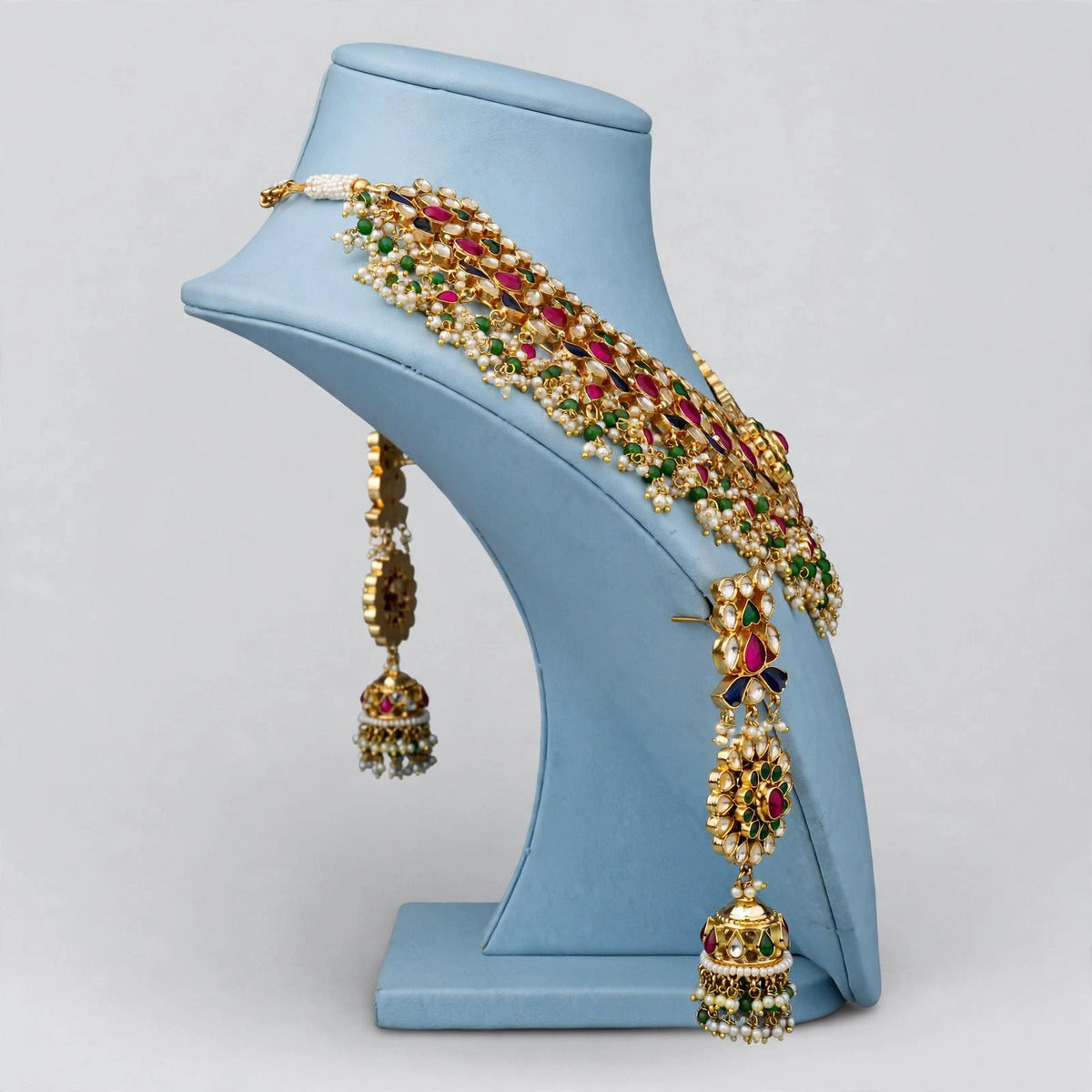 Multicolor Kundan Choker Necklace and Earrings, Gold Plated Statement Choker for Indian Brides