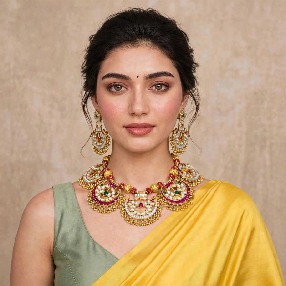 Kundan Necklace with Earrings, Ethnic Indian Jewelry with Gold Plating