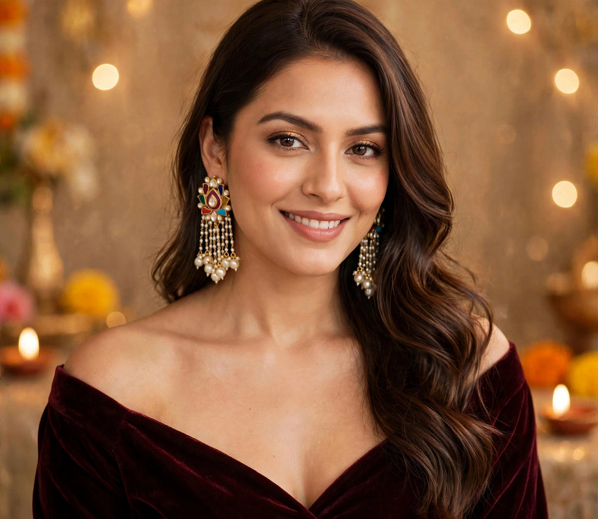 Gold Plated Kundan Earrings | Navratna Pearl Drop Chand Bali | Indian Handmade Jewelry