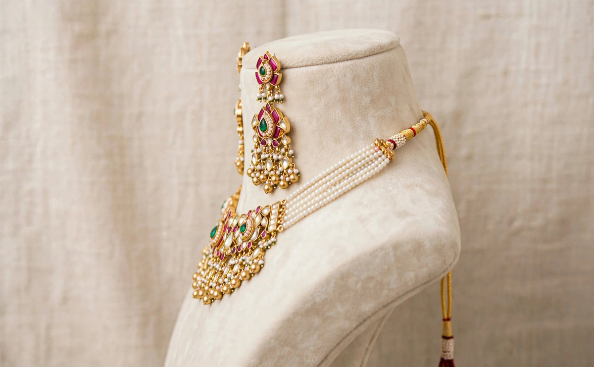 Kundan Choker Necklace Set, Gold Plated South Indian Jewelry