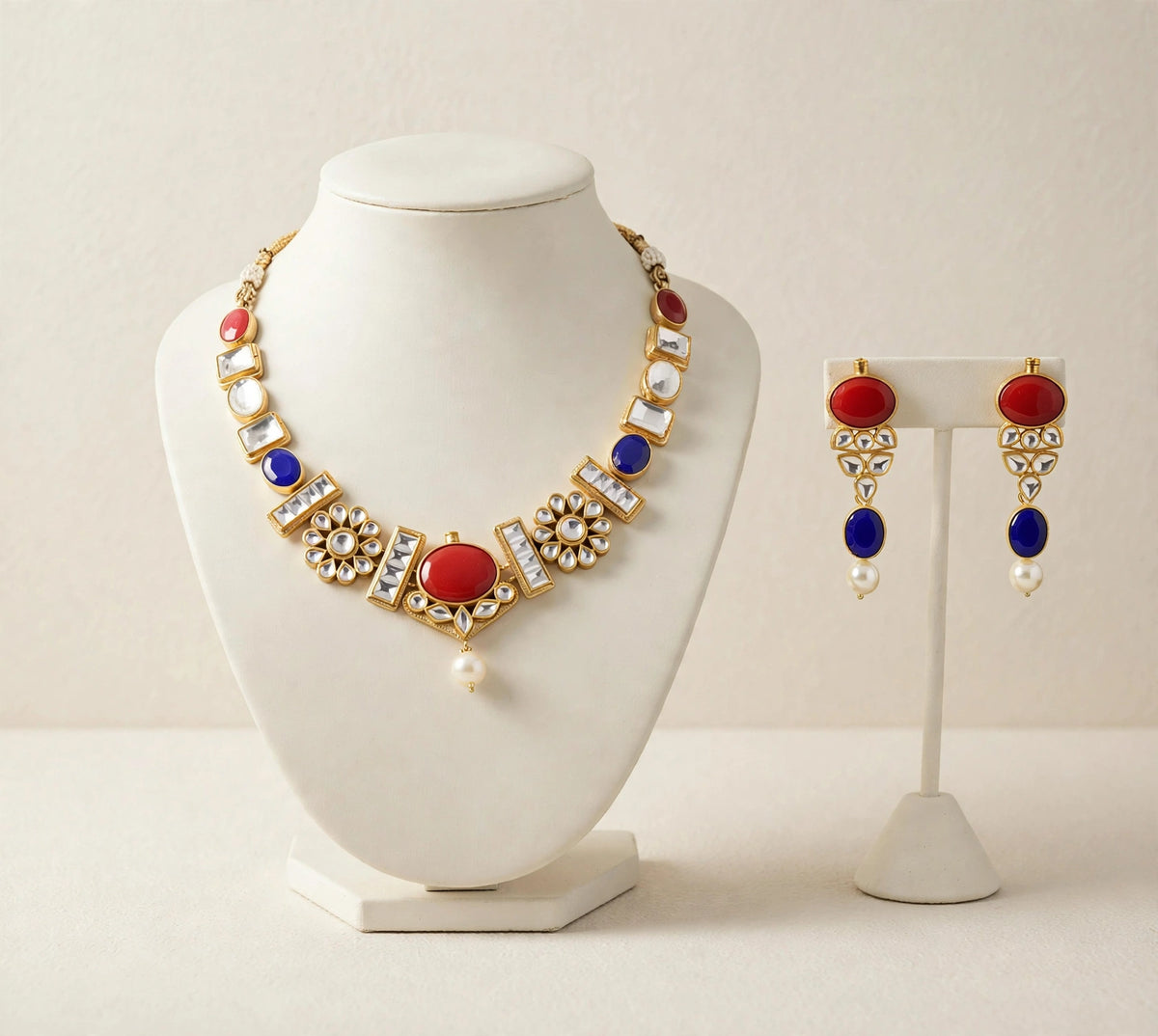 Handmade Kundan Jewelry Set | Coral, Pearl, & 22K Gold Plated