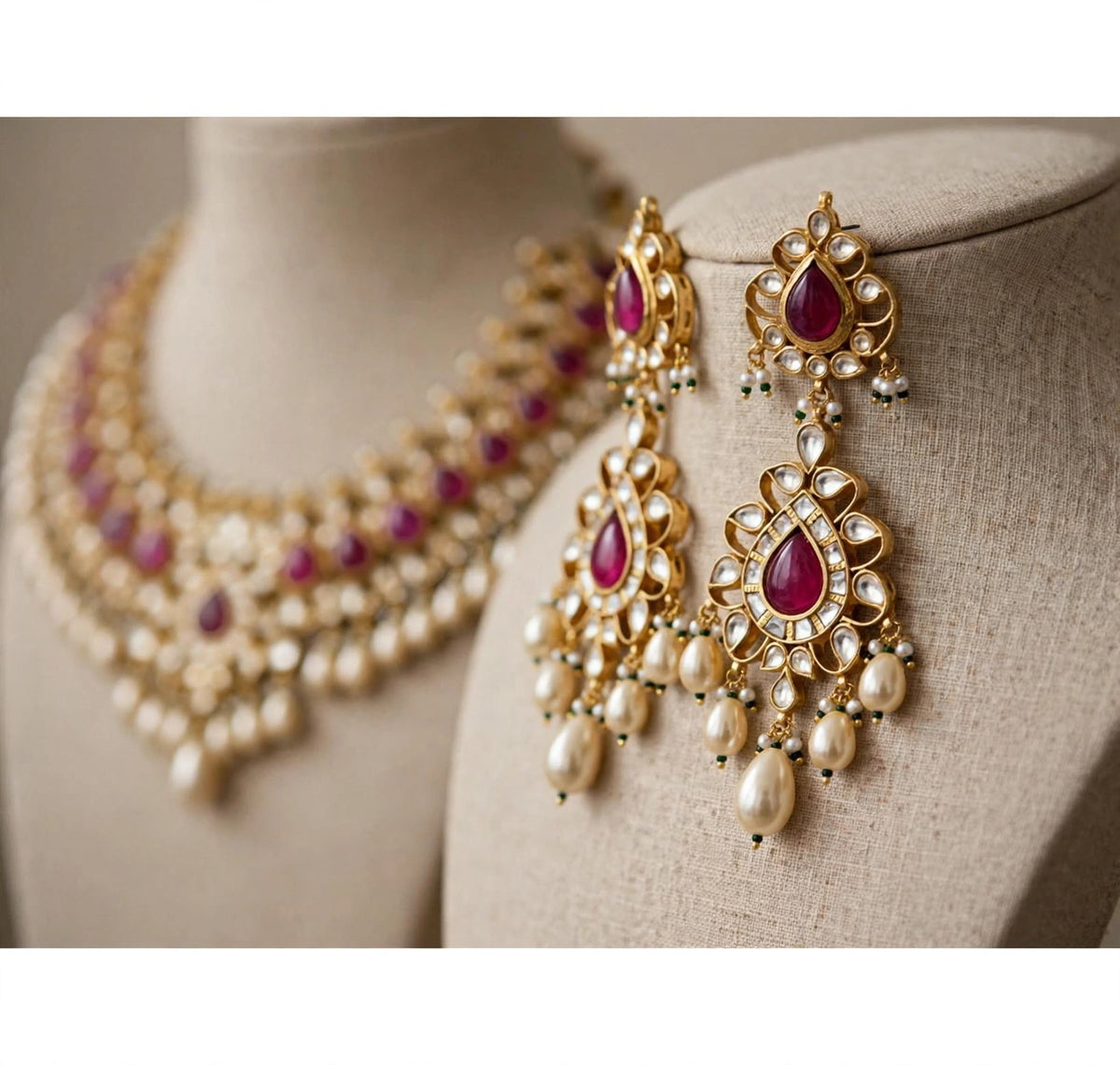 Handmade Kundan Choker Necklace Earrings Set, 22K Gold Plated Indian Bridal Jewelry