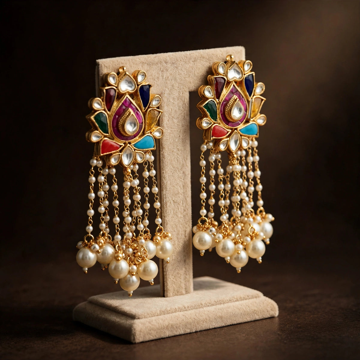 Gold Plated Kundan Earrings | Navratna Pearl Drop Chand Bali | Indian Handmade Jewelry