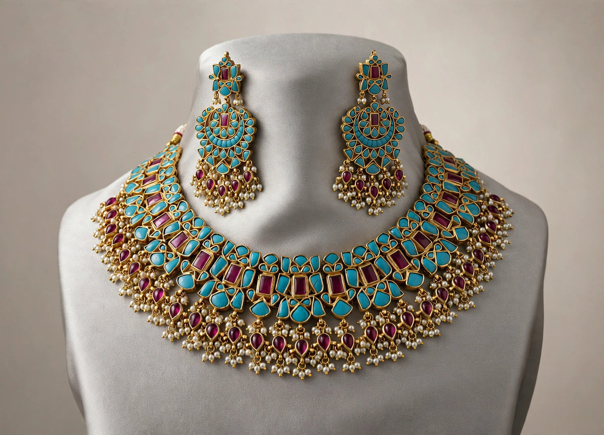 Kundan Choker Necklace & Chandbali Earrings | Gold Plated Indian Jewelry, Turquoise, Ruby Red