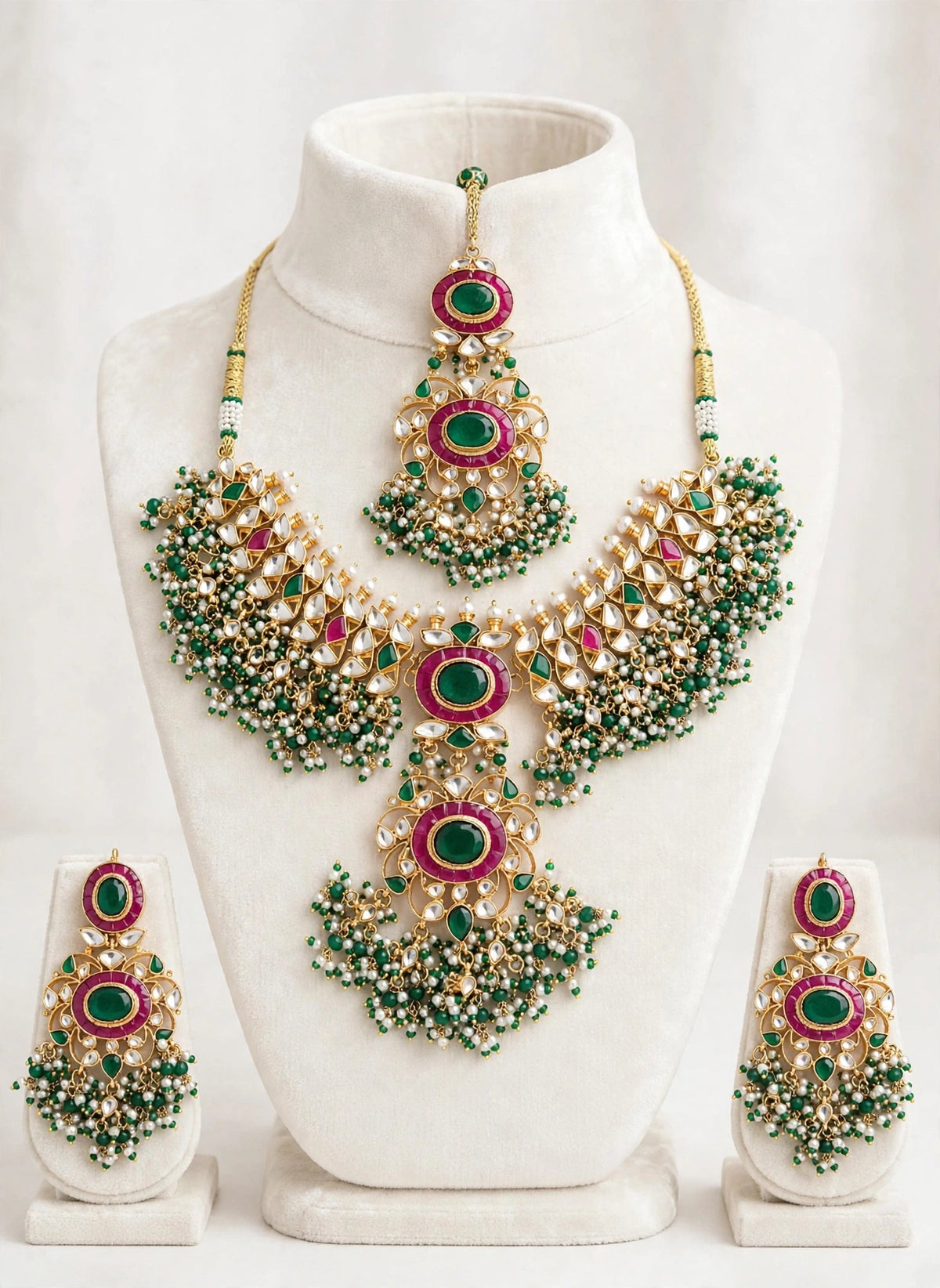 Kundan Choker Necklace Set with Earrings & Maang Tikka | Green Stone Indian Wedding Jewelry