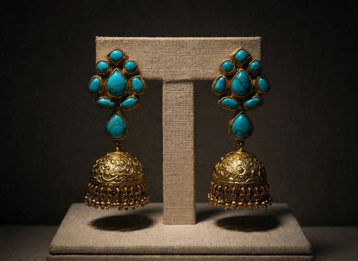 Handmade Turquoise Kundan Earrings Jhumkhi | Gold Plated Ethnic Jewelry
