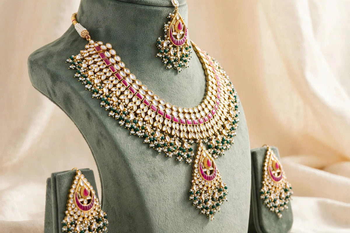 Kundan Choker Necklace Set, Sabyasachi Inspired Indian Bridal Jewelry