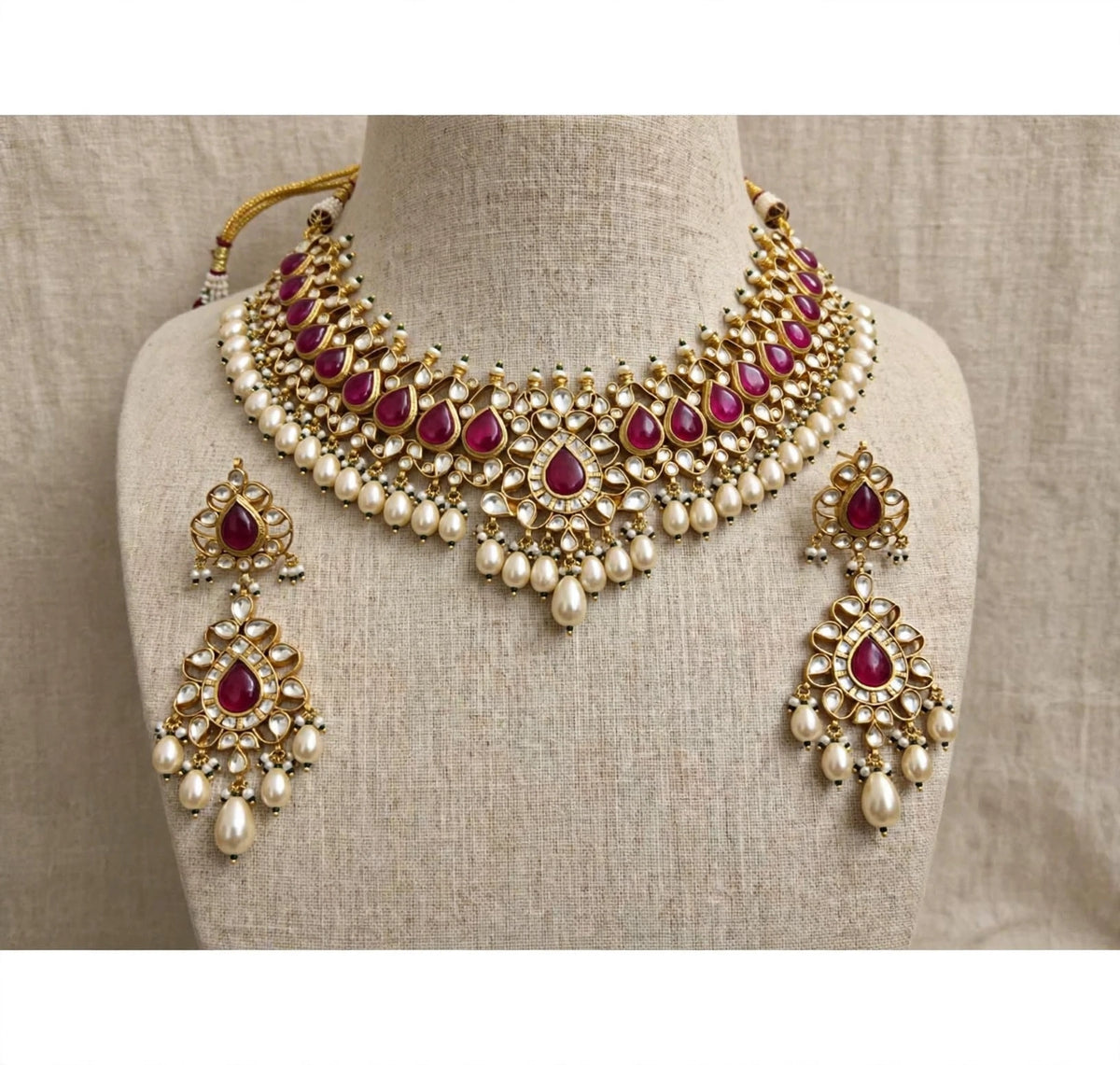 Handmade Kundan Choker Necklace Earrings Set, 22K Gold Plated Indian Bridal Jewelry