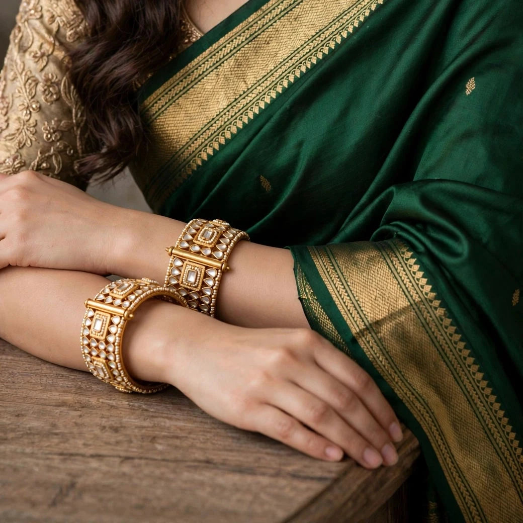 Kundan Bangle Set,Handmade Bridal Bracelet pair, Gold Plated Indian Bridal Jewelry