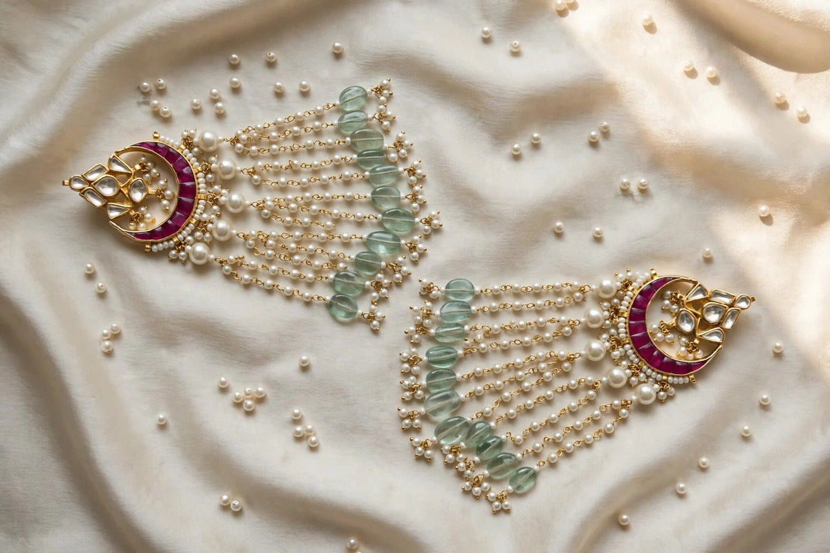 Handmade Kundan Chandbali Earrings, Gold Plated Pearl Hangings
