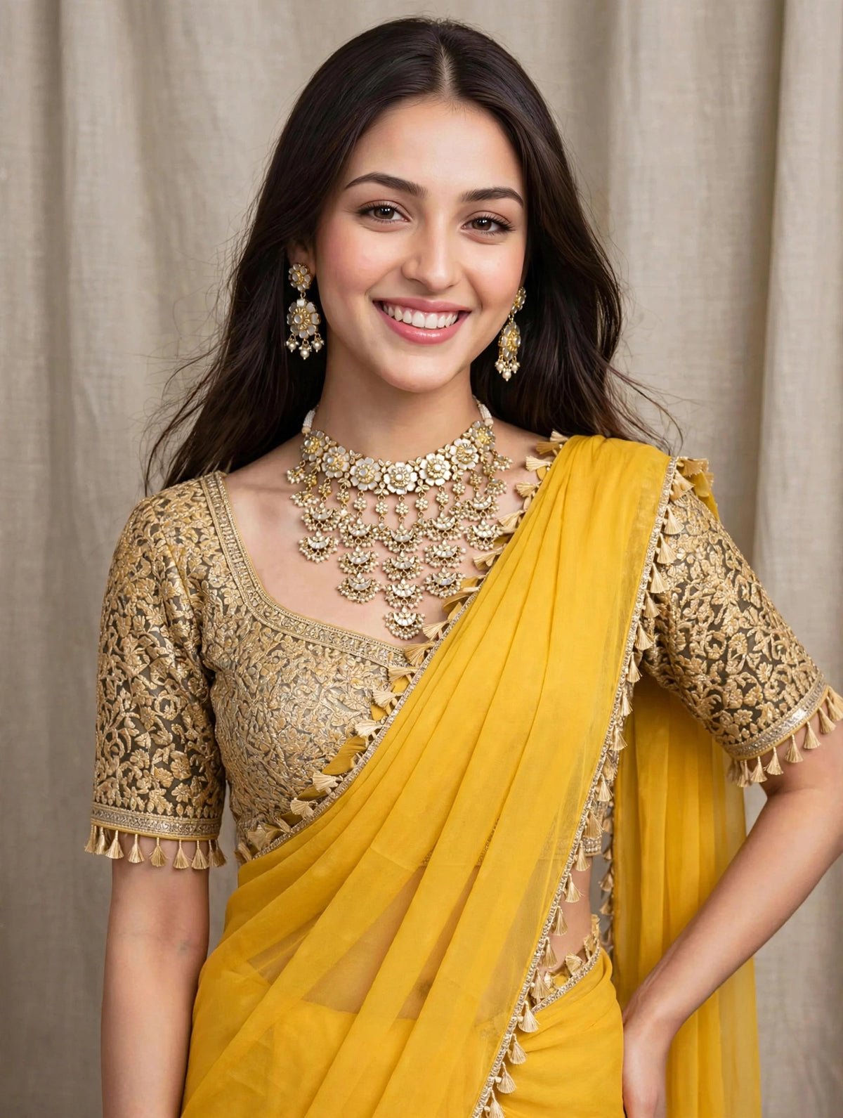 Handmade Kundan Choker Necklace Earrings Set, Gold Plated Mother of Pearl Indian Bridal Jewelry