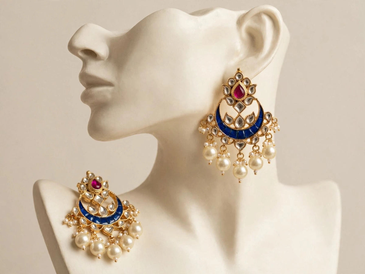 Handcrafted Kundan Chandbali Earrings, South Indian Style, Pearl Hangings