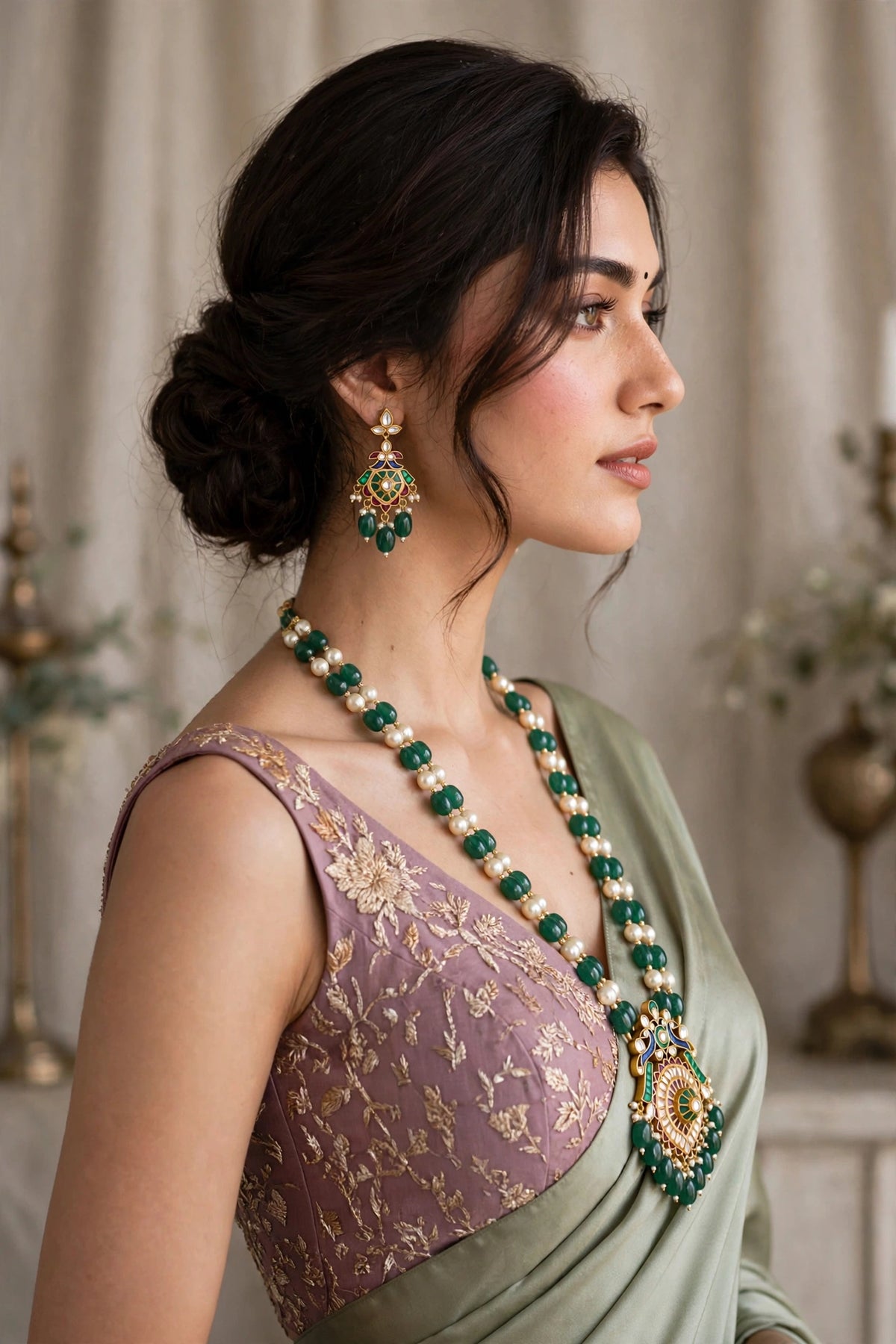 Kundan Jewelry Set | Gold Plated Necklace, Emerald and Pearl Earrings
