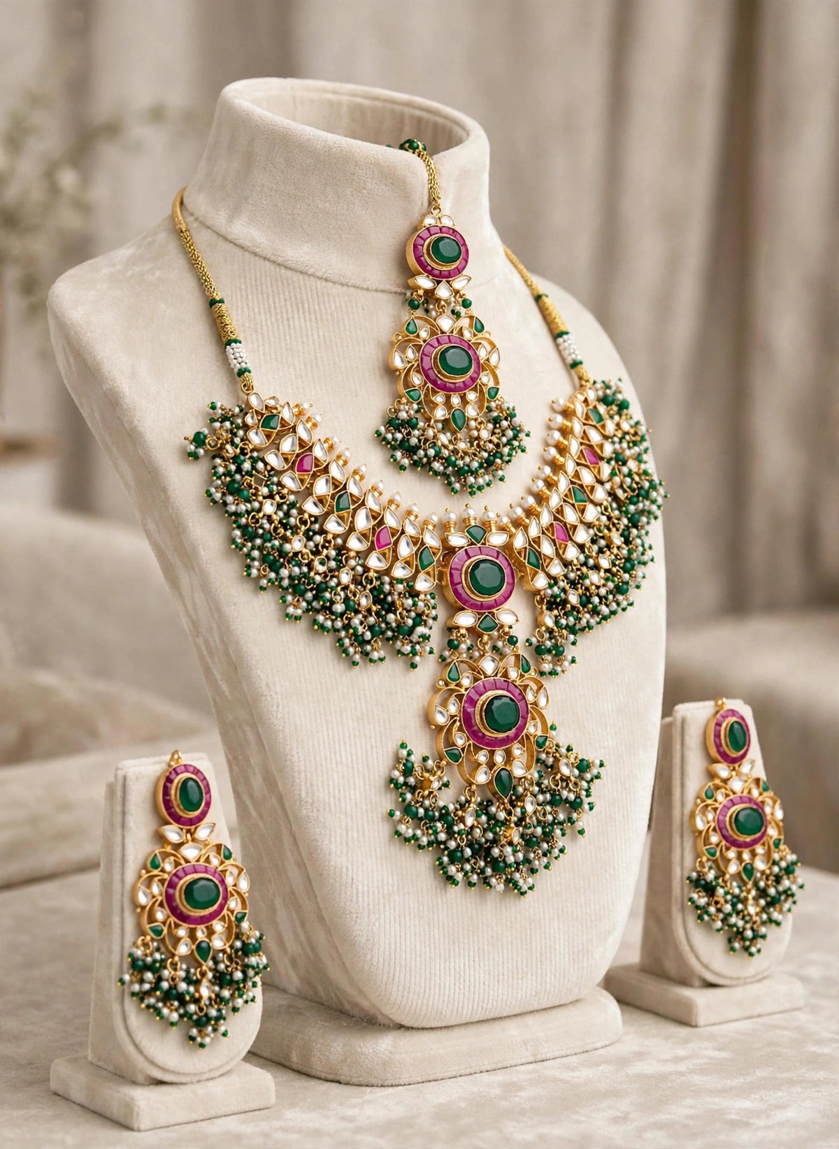 Kundan Choker Necklace Set with Earrings & Maang Tikka | Green Stone Indian Wedding Jewelry