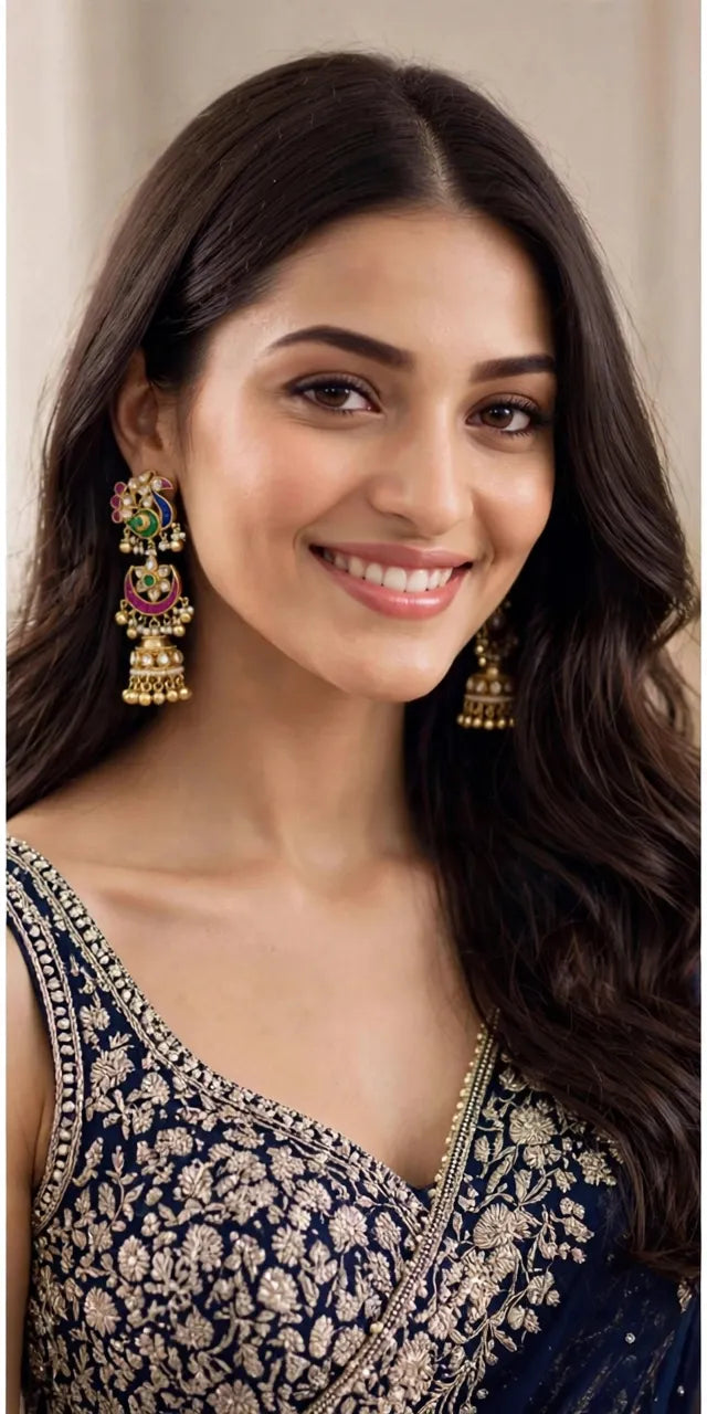 Kundan Earrings, Antique Gold Finish Jhumki, Indian Bridal Jewelry
