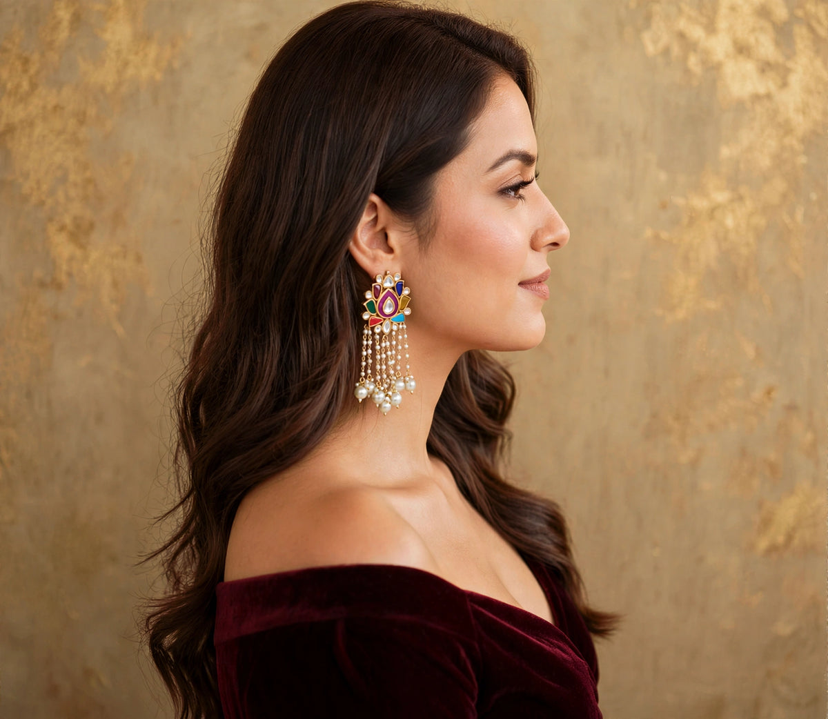 Gold Plated Kundan Earrings | Navratna Pearl Drop Chand Bali | Indian Handmade Jewelry
