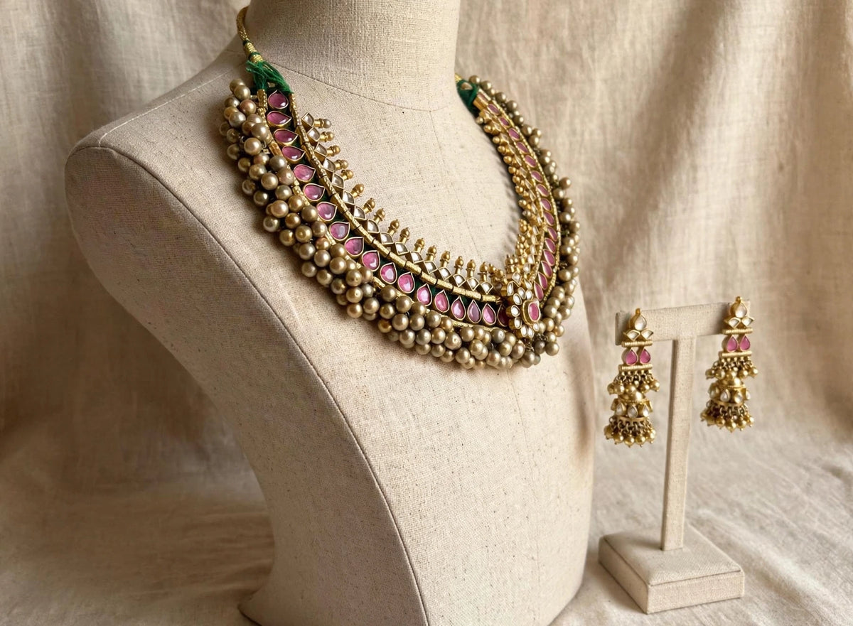 Kundan Choker Necklace Set, Ruby red Tussi Style, Indian Handmade Jewelry, Antique Gold Finish