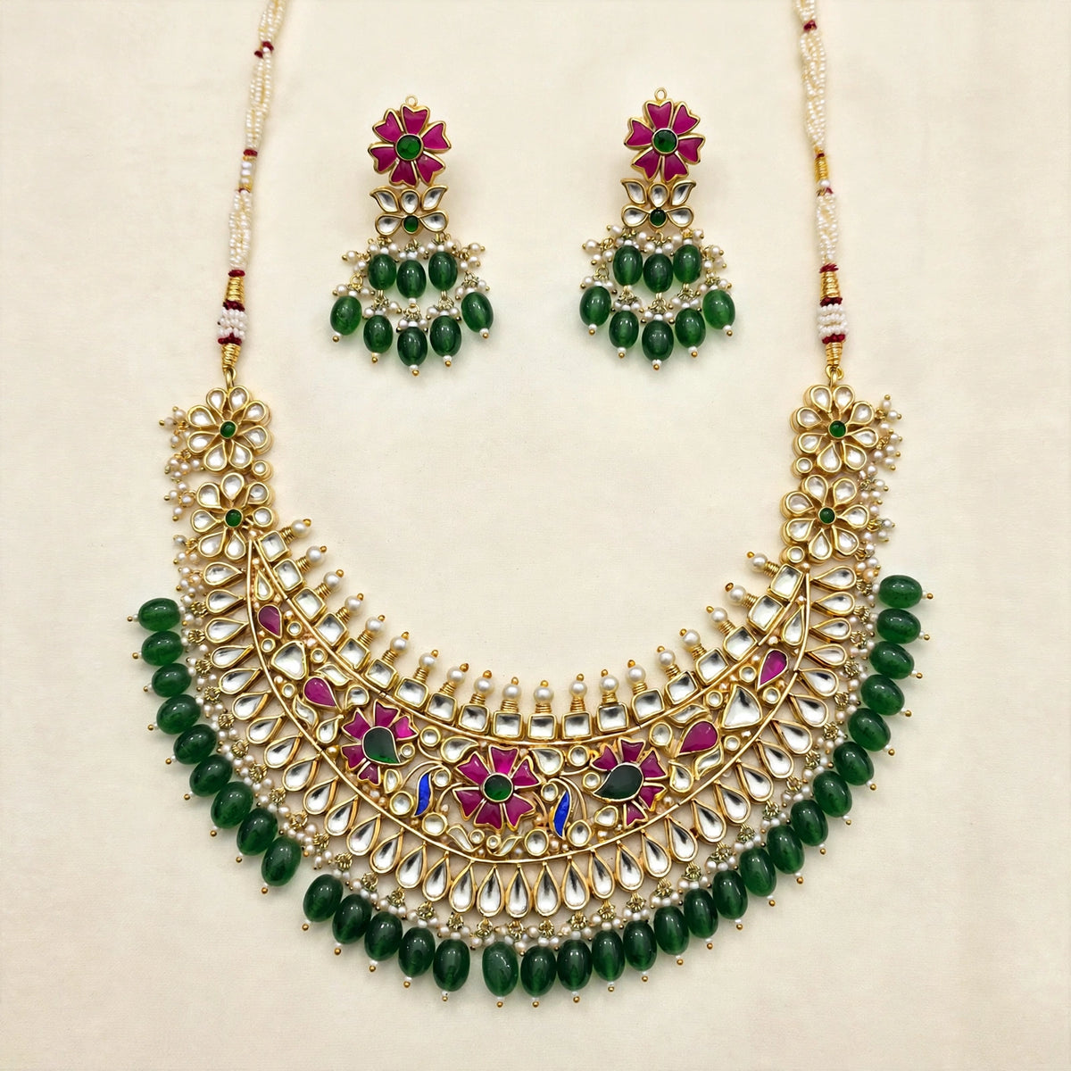 Kundan Jewelry Set, Gold Plated Indian Bridal Necklace, Green Emerald Handmade Earrings