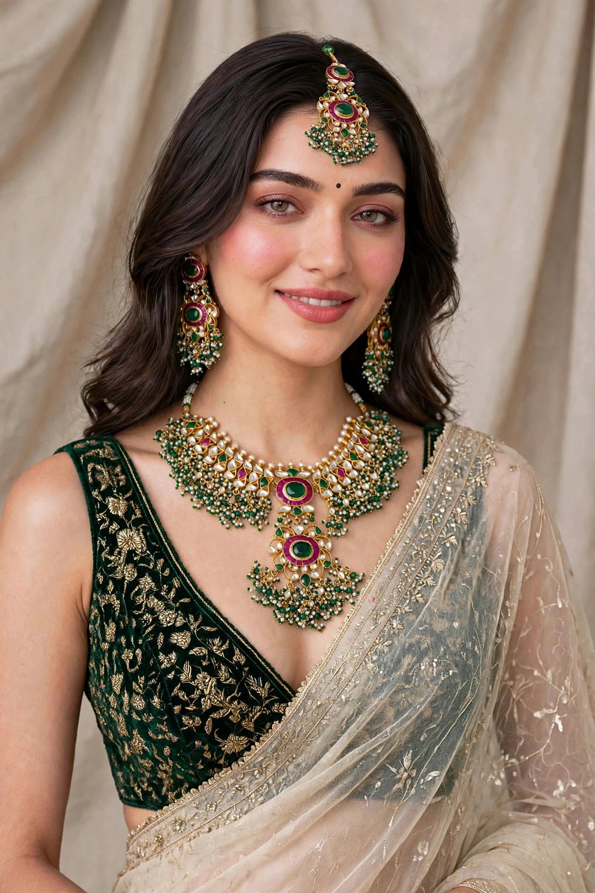 Kundan Choker Necklace Set with Earrings & Maang Tikka | Green Stone Indian Wedding Jewelry