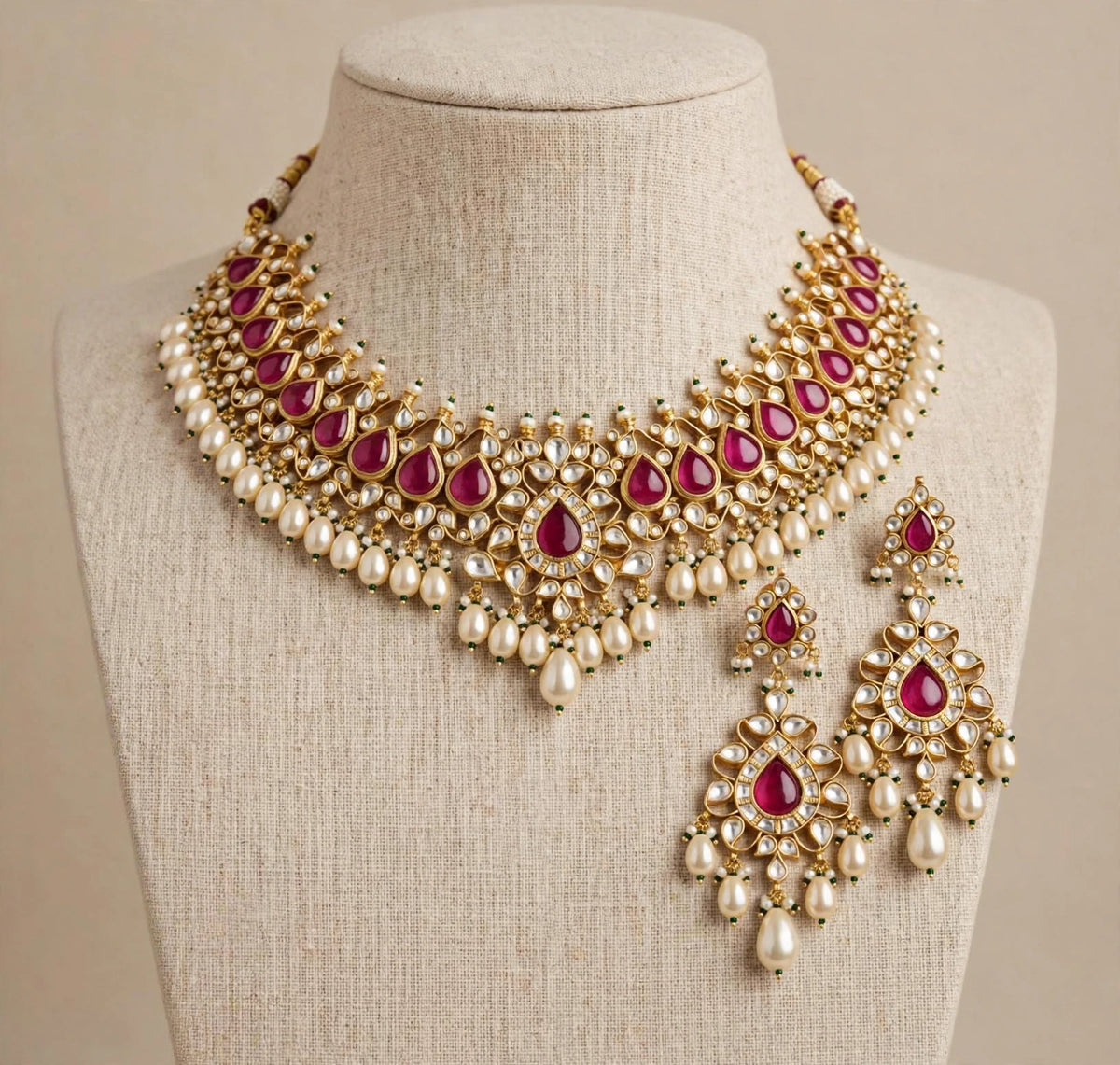 Handmade Kundan Choker Necklace Earrings Set, 22K Gold Plated Indian Bridal Jewelry