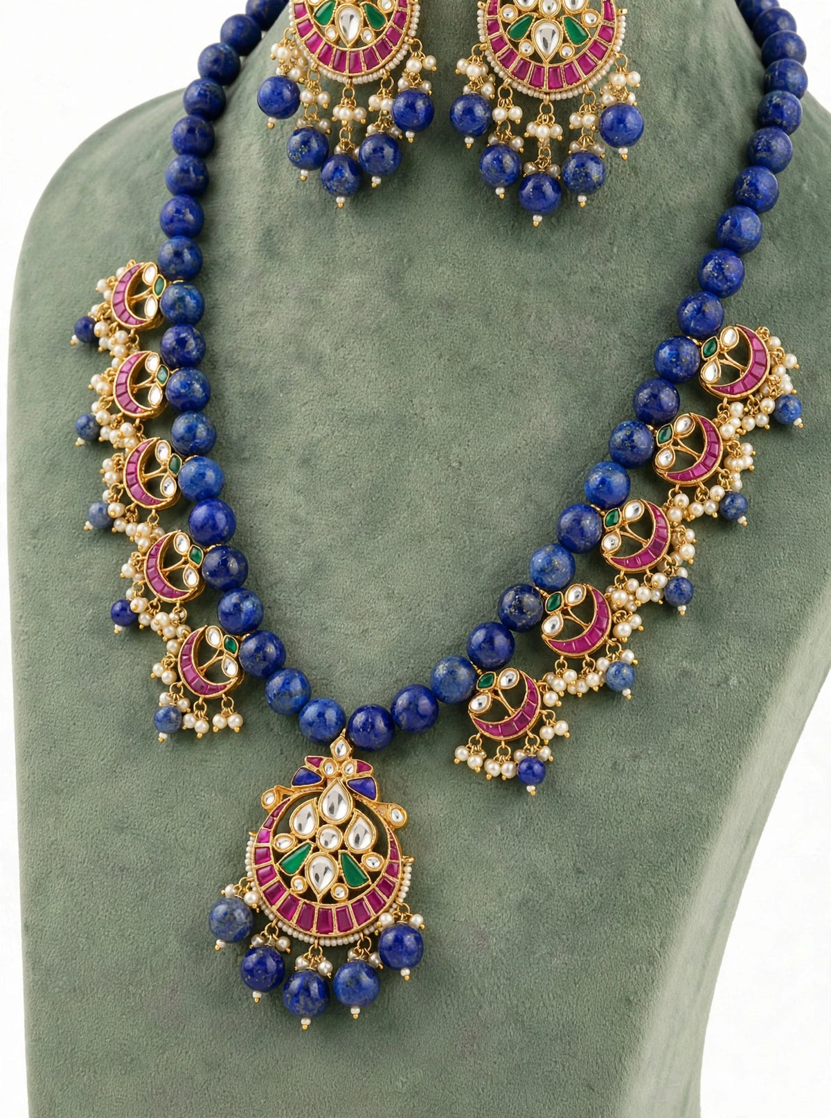 Handmade Kundan Jewelry Set | Blue Lapis with Chandbali Earrings | Gold Plated Designer Necklace