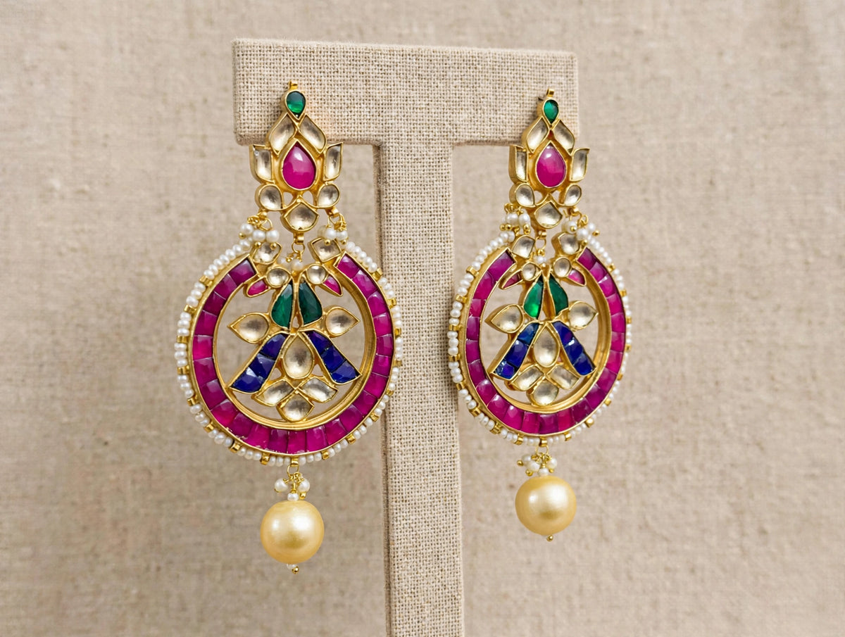 Handmade Kundan Chandbali Earrings, South Indian 22k Gold Plated Jewelry