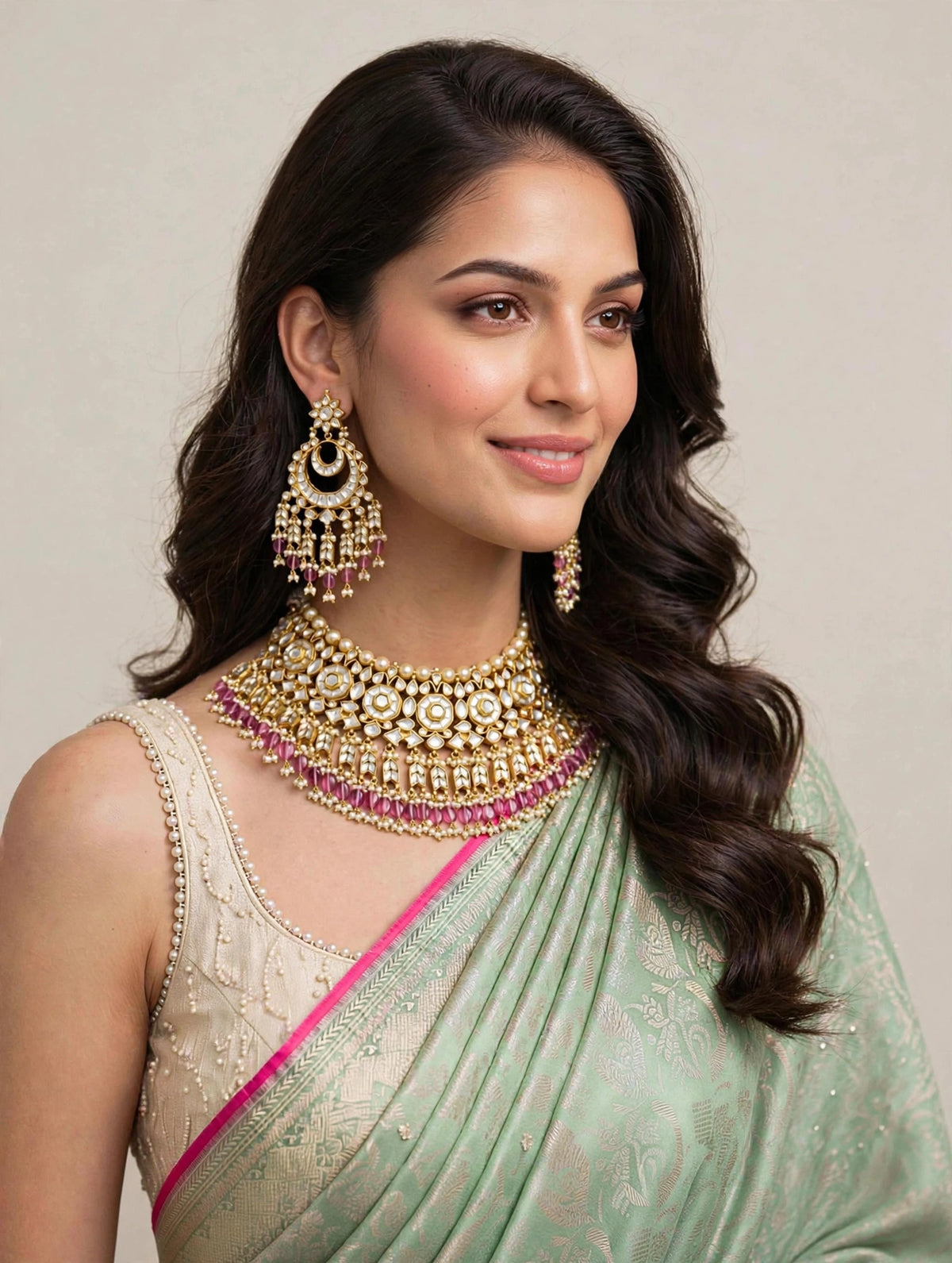 Handmade Kundan Choker Necklace and Earrings, Indian Bridal Jewelry Set