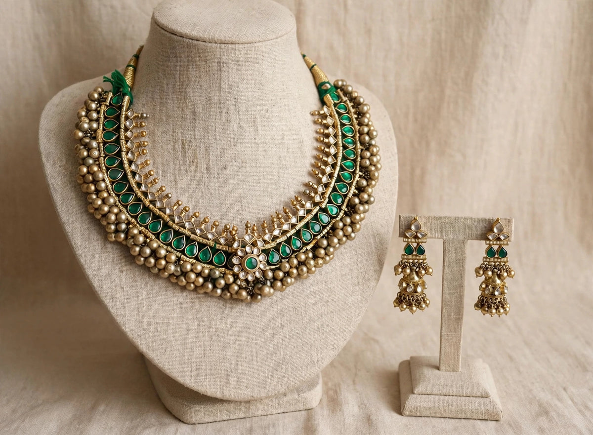 Kundan Choker Necklace Set, Traditional Green Tussi Style, Indian Ethnic Jewelry, Antique Gold Finish