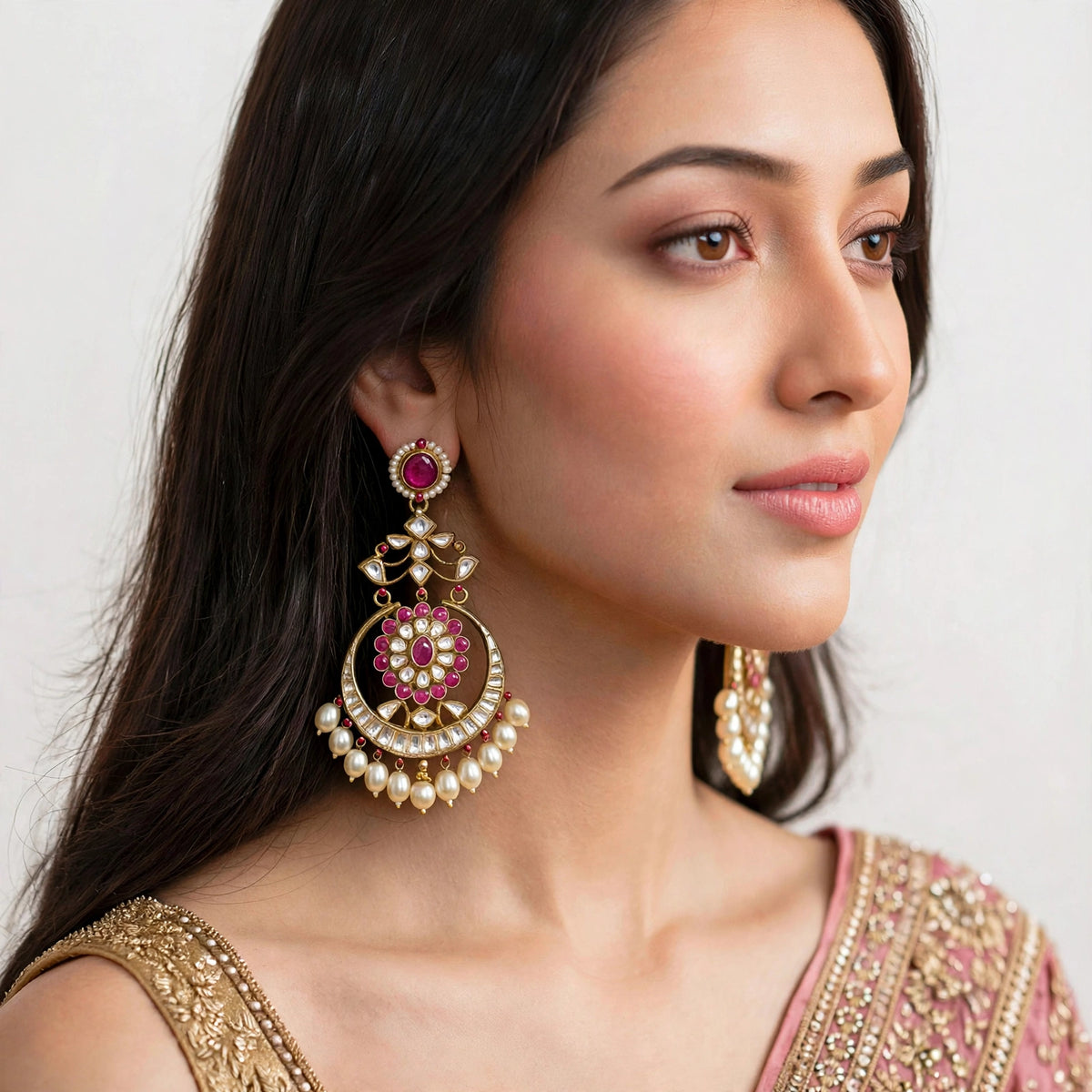 Kundan Chandbali Earrings, Gold Finish, Pearl Drop, Indian Bridal Jewelry