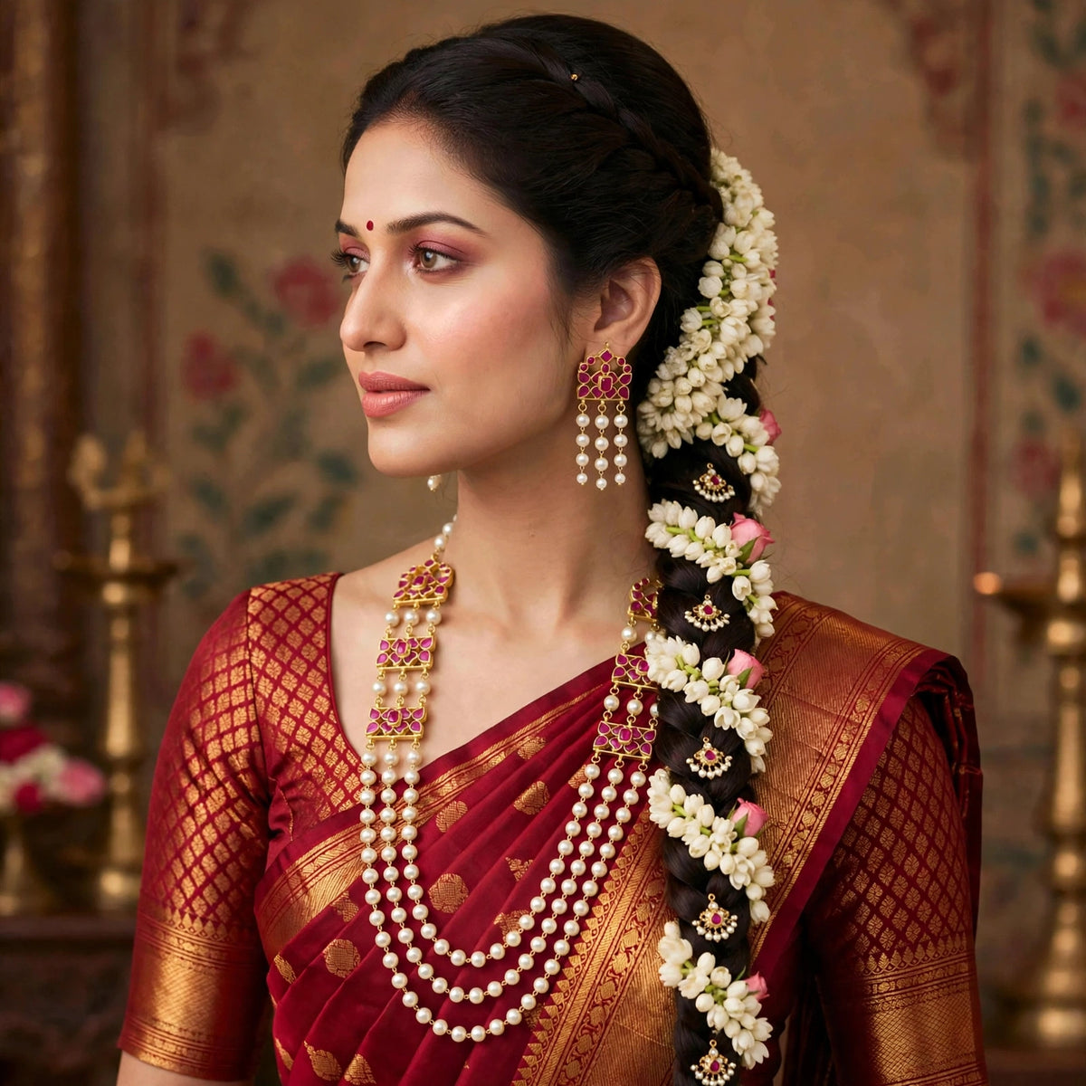 Kundan Pearl Mala Necklace | South Indian Bridal Jewelry Set | Gold Plated Wedding Accessories