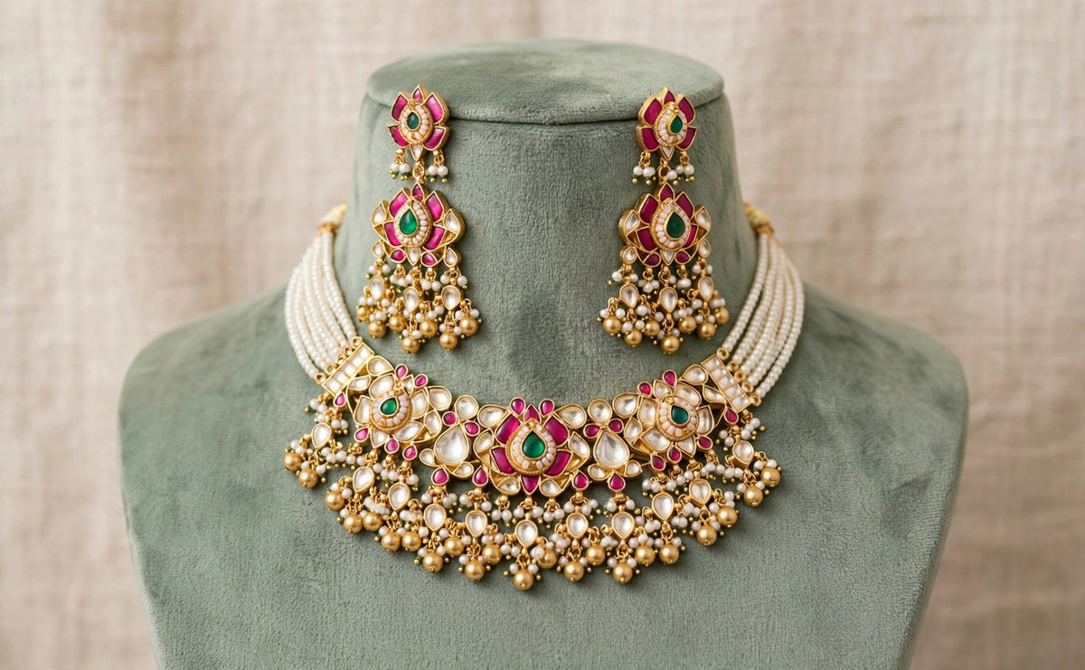Kundan Choker Necklace Set, Gold Plated South Indian Jewelry