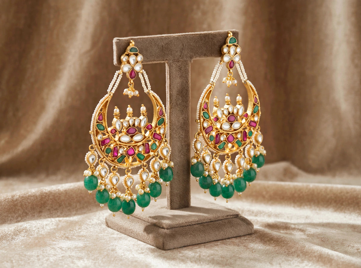 Kundan Chandbali Earrings, Indian Ethnic Jewellery, Multicolour Handmade