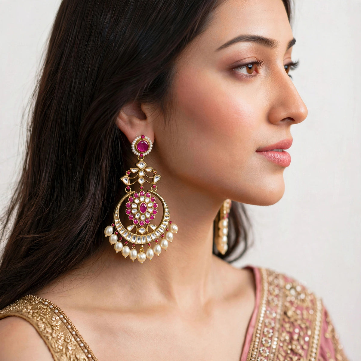 Kundan Chandbali Earrings, Gold Finish, Pearl Drop, Indian Bridal Jewelry