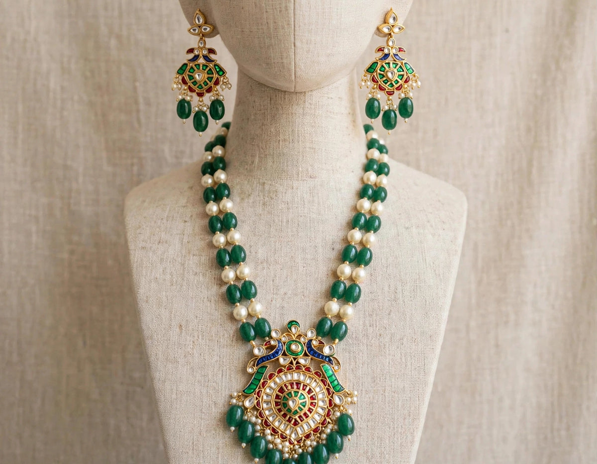 Kundan Jewelry Set | Gold Plated Necklace, Emerald and Pearl Earrings