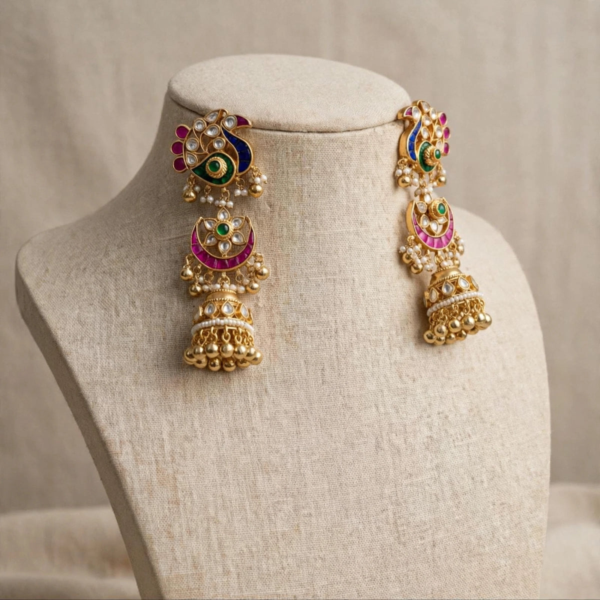Kundan Earrings, Antique Gold Finish Jhumki, Indian Bridal Jewelry