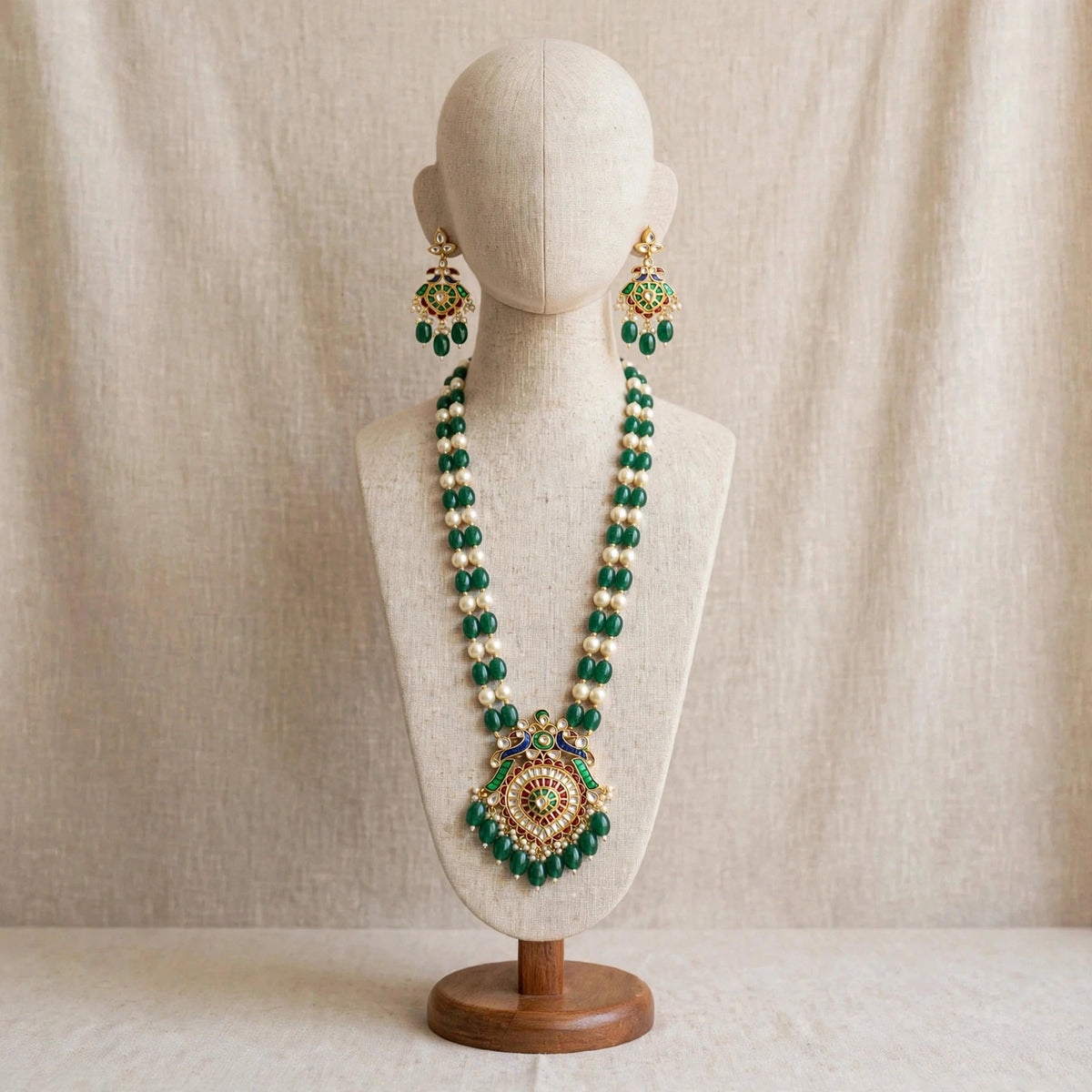 Kundan Jewelry Set | Gold Plated Necklace, Emerald and Pearl Earrings