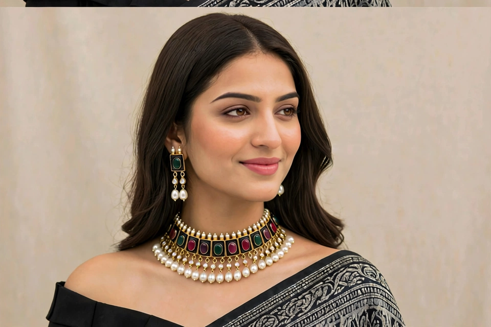 Black Enamelled Designer Kundan Jewellery Set, Statement Choker Necklace with Earrings