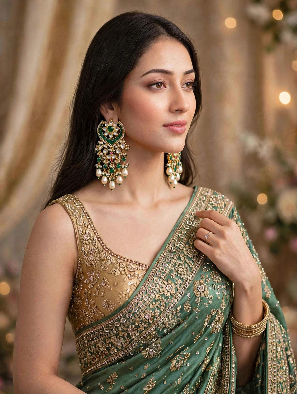 Handmade Green Kundan Chandbali Earrings, Gold Plated Indian Bridal Jewelry
