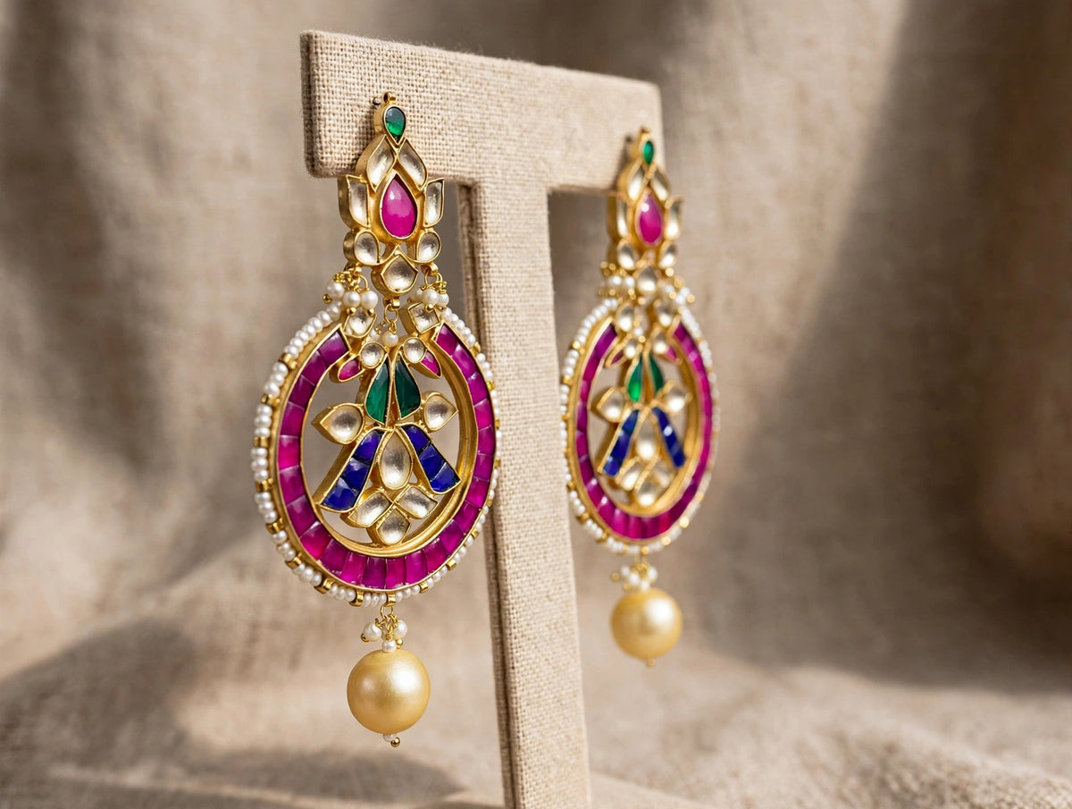 Handmade Kundan Chandbali Earrings, South Indian 22k Gold Plated Jewelry