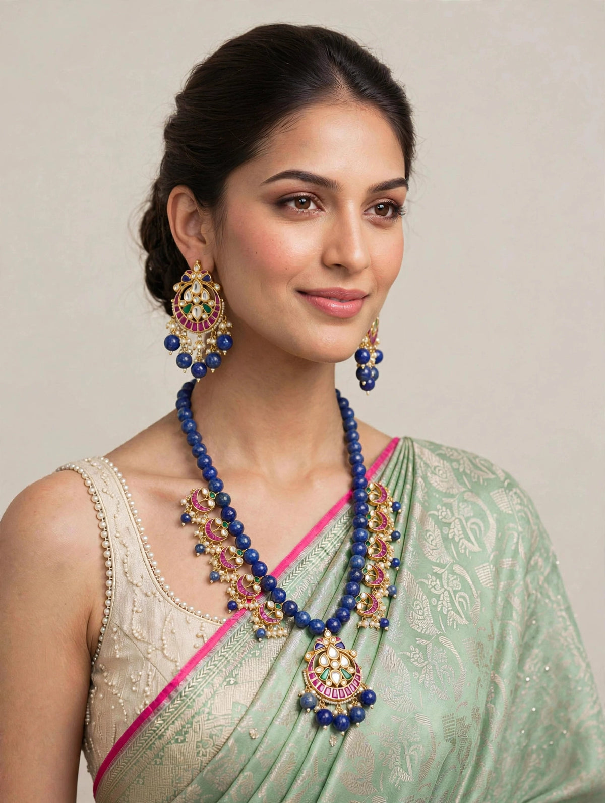 Handmade Kundan Jewelry Set | Blue Lapis with Chandbali Earrings | Gold Plated Designer Necklace