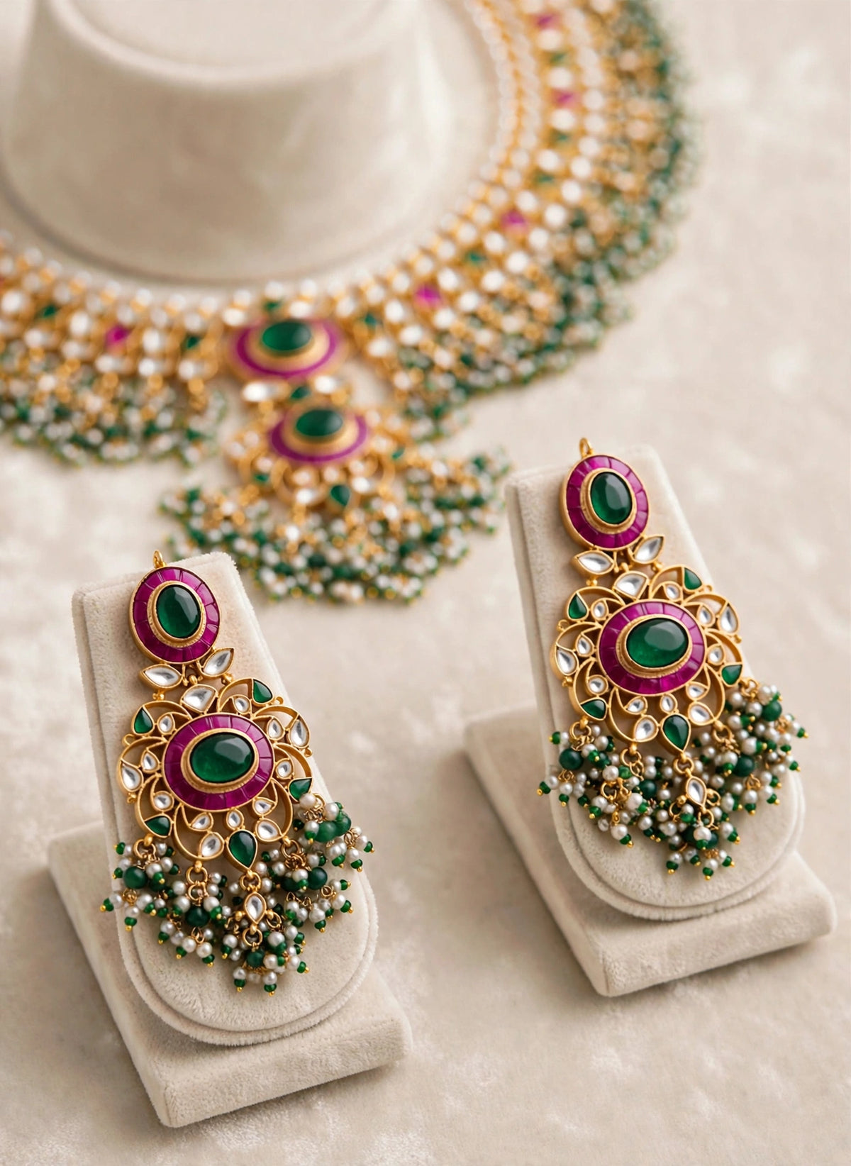 Kundan Choker Necklace Set with Earrings & Maang Tikka | Green Stone Indian Wedding Jewelry